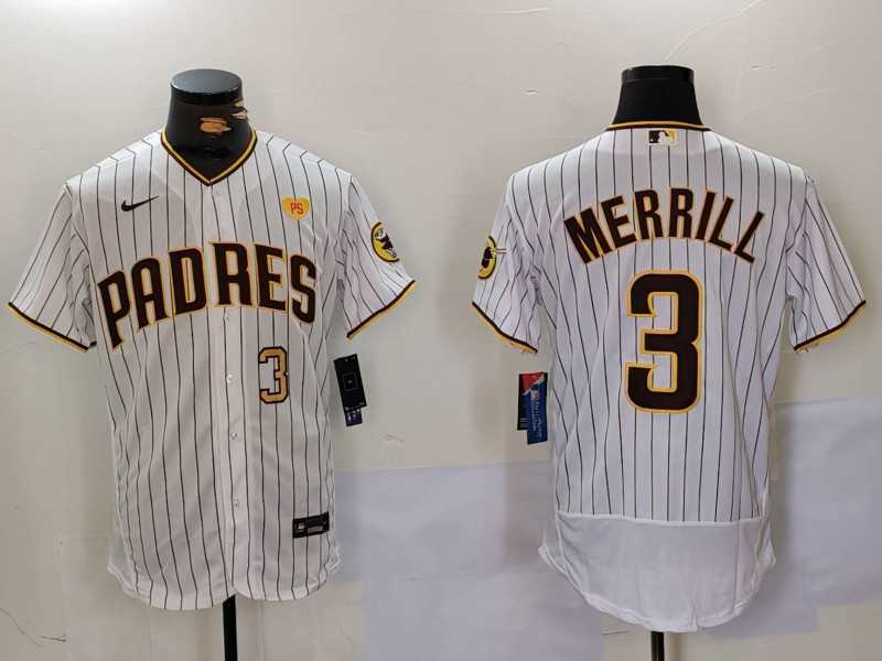 Mens San Diego Padres #3 Jackson Merrill White With PS Patch Stitched Flex Base Jerseys